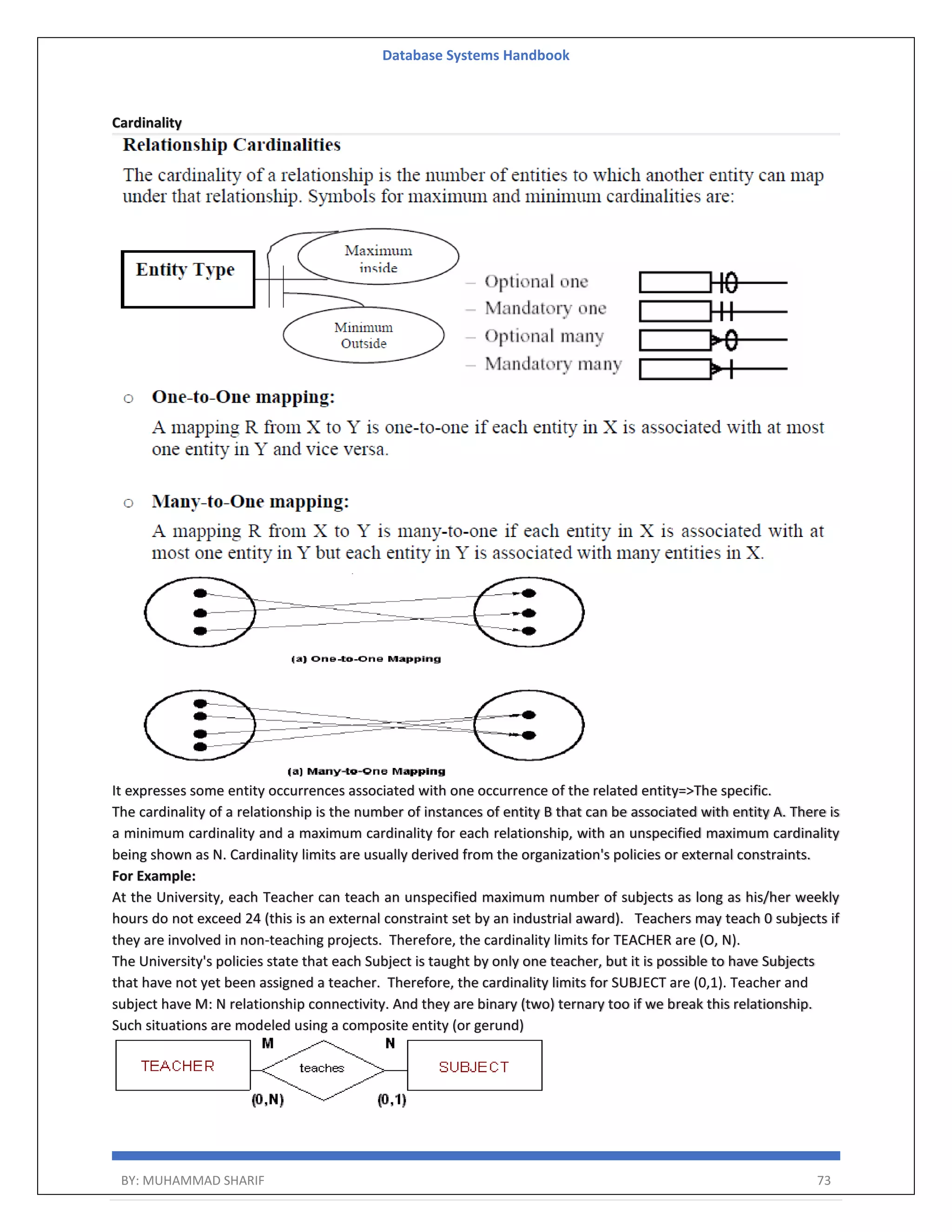 Database Systems Handbook BY: MUHAMMAD SHARIF 73 Cardinality It expresses some entity occurrences associated with one occurrence of the related entity=>The specific. The cardinality of a relationship is the number of instances of entity B that can be associated with entity A. There is a minimum cardinality and a maximum cardinality for each relationship, with an unspecified maximum cardinality being shown as N. Cardinality limits are usually derived from the organization's policies or external constraints. For Example: At the University, each Teacher can teach an unspecified maximum number of subjects as long as his/her weekly hours do not exceed 24 (this is an external constraint set by an industrial award). Teachers may teach 0 subjects if they are involved in non-teaching projects. Therefore, the cardinality limits for TEACHER are (O, N). The University's policies state that each Subject is taught by only one teacher, but it is possible to have Subjects that have not yet been assigned a teacher. Therefore, the cardinality limits for SUBJECT are (0,1). Teacher and subject have M: N relationship connectivity. And they are binary (two) ternary too if we break this relationship. Such situations are modeled using a composite entity (or gerund) 