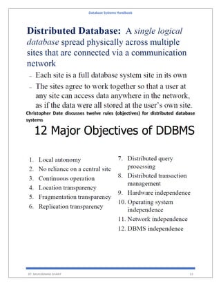 Database Systems Handbook
BY: MUHAMMAD SHARIF 23
Christopher Date discusses twelve rules (objectives) for distributed data...