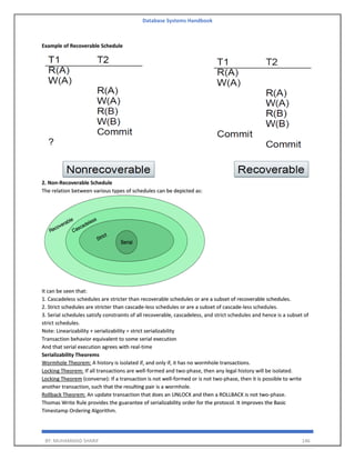 Database Systems Handbook
BY: MUHAMMAD SHARIF 146
Example of Recoverable Schedule
2. Non-Recoverable Schedule
The relation between various types of schedules can be depicted as:
It can be seen that:
1. Cascadeless schedules are stricter than recoverable schedules or are a subset of recoverable schedules.
2. Strict schedules are stricter than cascade-less schedules or are a subset of cascade-less schedules.
3. Serial schedules satisfy constraints of all recoverable, cascadeless, and strict schedules and hence is a subset of
strict schedules.
Note: Linearizability + serializability = strict serializability
Transaction behavior equivalent to some serial execution
And that serial execution agrees with real-time
Serializability Theorems
Wormhole Theorem: A history is isolated if, and only if, it has no wormhole transactions.
Locking Theorem: If all transactions are well-formed and two-phase, then any legal history will be isolated.
Locking Theorem (converse): If a transaction is not well-formed or is not two-phase, then it is possible to write
another transaction, such that the resulting pair is a wormhole.
Rollback Theorem: An update transaction that does an UNLOCK and then a ROLLBACK is not two-phase.
Thomas Write Rule provides the guarantee of serializability order for the protocol. It improves the Basic
Timestamp Ordering Algorithm.
 