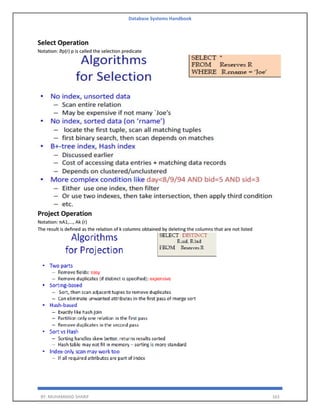 Database Systems Handbook
BY: MUHAMMAD SHARIF 163
Select Operation
Notation: ⴋp(r) p is called the selection predicate
Project Operation
Notation: πA1,..., Ak (r)
The result is defined as the relation of k columns obtained by deleting the columns that are not listed
 