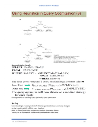 Database Systems Handbook
BY: MUHAMMAD SHARIF 196
Query optimization Example:
Basic algorithms for executing query operations/ query optimization
Sorting
External sorting is a basic ingredient of relational operators that use sort-merge strategies
Sorting is used implicitly in SQL in many situations:
Order by clause, join a union, intersection, duplicate elimination distinct.
Sorting can be avoided if we have an index (ordered access to the data)
 