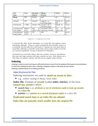 Database Systems Handbook
BY: MUHAMMAD SHARIF 201
Indexing
Indexing is a data structure technique to efficiently retrieve records from the database files based on some attributes
on which the indexing has been done. Indexing in database systems is like what we see in books.
Indexing is defined based on its indexing attributes.
 