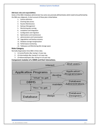 Database Systems Handbook
BY: MUHAMMAD SHARIF 211
DBA basic roles and responsibilities:
Duties of the DBA A Database administrator has some very precisely defined duties which need to be performed by
the DBA very religiously. A short account of these jobs is listed below:
1. Schema definition
2. Granting data access
3. Routine Maintenance
4. Backups Management
5. Monitoring jobs running
6. Installation and integration
7. Configuration and migration
8. Optimization and maintenance
9. administration and Customization
10. Upgradation and backup recovery
11. Database storage reorganization
12. Performance monitoring
13. Tablespace and Monitoring disk storage space
Roles Category
Normally Organization hires DBA in three roles:
1. L1=Junior/fresher dba, having 1–2-year exp.
2. L2=Intermediate dba, having 2+ to 4-year exp.
3. L3=Advanced/Expert dba, having 4+ to 6-year exp.
Component modules of a DBMS and their interactions.
 
