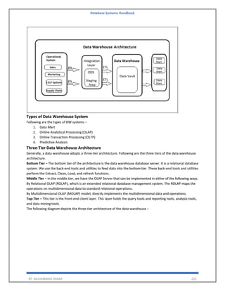 Database Systems Handbook
BY: MUHAMMAD SHARIF 225
Types of Data Warehouse System
Following are the types of DW systems −
1. Data Mart
2. Online Analytical Processing (OLAP)
3. Online Transaction Processing (OLTP)
4. Predictive Analysis
Three-Tier Data Warehouse Architecture
Generally, a data warehouse adopts a three-tier architecture. Following are the three tiers of the data warehouse
architecture.
Bottom Tier − The bottom tier of the architecture is the data warehouse database server. It is a relational database
system. We use the back-end tools and utilities to feed data into the bottom tier. These back-end tools and utilities
perform the Extract, Clean, Load, and refresh functions.
Middle Tier − In the middle tier, we have the OLAP Server that can be implemented in either of the following ways.
By Relational OLAP (ROLAP), which is an extended relational database management system. The ROLAP maps the
operations on multidimensional data to standard relational operations.
By Multidimensional OLAP (MOLAP) model, directly implements the multidimensional data and operations.
Top-Tier − This tier is the front-end client layer. This layer holds the query tools and reporting tools, analysis tools,
and data mining tools.
The following diagram depicts the three-tier architecture of the data warehouse −
 