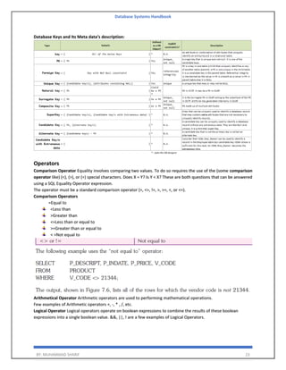 Database Systems Handbook
BY: MUHAMMAD SHARIF 23
Database Keys and Its Meta data’s description:
Operators
Comparison Operator Equality involves comparing two values. To do so requires the use of the (some comparison
operator like) (<), (>), or (=) special characters. Does X = Y? Is Y < X? These are both questions that can be answered
using a SQL Equality Operator expression.
The operator must be a standard comparison operator (=, <>, !=, >, >=, <, or <=).
Comparison Operators
=Equal to
<Less than
>Greater than
<=Less than or equal to
>=Greater than or equal to
< >Not equal to
Arithmetical Operator Arithmetic operators are used to performing mathematical operations.
Few examples of Arithmetic operators +, -, * , /, etc.
Logical Operator Logical operators operate on boolean expressions to combine the results of these boolean
expressions into a single boolean value. &&, ||, ! are a few examples of Logical Operators.
 