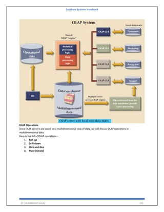Database Systems Handbook
BY: MUHAMMAD SHARIF 235
OLAP Operations
Since OLAP servers are based on a multidimensional view of data, we will discuss OLAP operations in
multidimensional data.
Here is the list of OLAP operations −
1. Roll-up
2. Drill-down
3. Slice and dice
4. Pivot (rotate)
 