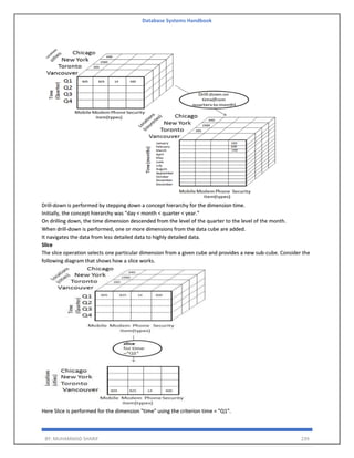 Database Systems Handbook
BY: MUHAMMAD SHARIF 239
Drill-down is performed by stepping down a concept hierarchy for the dimension time.
Initially, the concept hierarchy was "day < month < quarter < year."
On drilling down, the time dimension descended from the level of the quarter to the level of the month.
When drill-down is performed, one or more dimensions from the data cube are added.
It navigates the data from less detailed data to highly detailed data.
Slice
The slice operation selects one particular dimension from a given cube and provides a new sub-cube. Consider the
following diagram that shows how a slice works.
Here Slice is performed for the dimension "time" using the criterion time = "Q1".
 