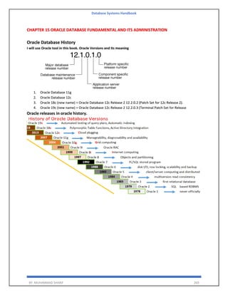 Database Systems Handbook
BY: MUHAMMAD SHARIF 269
CHAPTER 15 ORACLE DATABASE FUNDAMENTAL AND ITS ADMINISTRATION
Oracle Database History
I will use Oracle tool in this book. Oracle Versions and Its meaning
1. Oracle Database 11g
2. Oracle Database 12c
3. Oracle 18c (new name) = Oracle Database 12c Release 2 12.2.0.2 (Patch Set for 12c Release 2).
4. Oracle 19c (new name) = Oracle Database 12c Release 2 12.2.0.3 (Terminal Patch Set for Release
Oracle releases in oracle history.
 