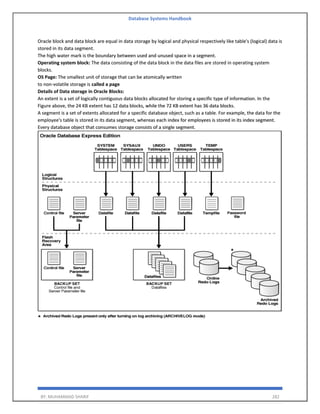 Database Systems Handbook
BY: MUHAMMAD SHARIF 282
Oracle block and data block are equal in data storage by logical and physical respectively like table's (logical) data is
stored in its data segment.
The high water mark is the boundary between used and unused space in a segment.
Operating system block: The data consisting of the data block in the data files are stored in operating system
blocks.
OS Page: The smallest unit of storage that can be atomically written
to non-volatile storage is called a page
Details of Data storage in Oracle Blocks:
An extent is a set of logically contiguous data blocks allocated for storing a specific type of information. In the
Figure above, the 24 KB extent has 12 data blocks, while the 72 KB extent has 36 data blocks.
A segment is a set of extents allocated for a specific database object, such as a table. For example, the data for the
employee's table is stored in its data segment, whereas each index for employees is stored in its index segment.
Every database object that consumes storage consists of a single segment.
 