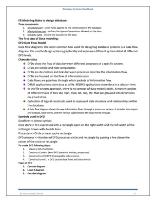 Database Systems Handbook
BY: MUHAMMAD SHARIF 57
ER Modeling Rules to design database:
Three components:
1. Structural part - set of rules applied to the construction of the database
2. Manipulative part - defines the types of operations allowed on the data
3. Integrity rules - ensure the accuracy of the data
The first step of Data modeling:
DFD Data Flow Model
Data flow diagrams: the most common tool used for designing database systems is a data flow
diagram. It is used to design systems graphically and expresses different system detail at different
DFD levels.
Characteristics
DFDs show the flow of data between different processes or a specific system.
DFDs are simple and hide complexities.
DFDs are descriptive and links between processes describe the information flow.
DFDs are focused on the flow of information only.
Data flows are pipelines through which packets of information flow.
DBMS applications store data as a file. RDBMS applications store data in a tabular form.
In the file system approach, there is no concept of data models exists. It mostly consists
of different types of files like mp3, mp4, txt, doc, etc. that are grouped into directories
on a hard drive.
Collection of logical constructs used to represent data structure and relationships within
the database.
A data flow diagram shows the way information flows through a process or system. It includes data inputs
and outputs, data stores, and the various subprocesses the data moves through.
Symbols used in DFD
Dataflow => Arrow symbol
Data store=> It is expressed with a rectangle open on the right width and the left width of the
rectangle drawn with double lines.
Processes=> Circle or near squire rectangle
DFD-process => Numbered DFD processes circle and rectangle by passing a line above the
center of the circle or rectangle
To create DFD following steps:
1. Create a list of activities
2. Construct Context Level DFD (external entities, processes)
3. Construct Level 0 DFD (manageable sub-process)
4. Construct Level 1- n DFD (actual data flows and data stores)
Types of DFD
1. Context diagram
2. Level 0 diagram
3. Detailed diagram
 