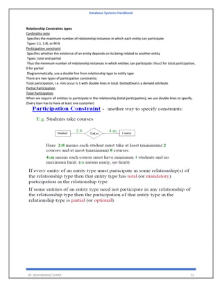 Database Systems Handbook
BY: MUHAMMAD SHARIF 73
Relationship Constraints types
Cardinality ratio
Specifies the maximum number of relationship instances in which each entity can participate
Types 1:1, 1:N, or M:N
Participation constraint
Specifies whether the existence of an entity depends on its being related to another entity
Types: total and partial
Thus the minimum number of relationship instances in which entities can participate: thus1 for total participation,
0 for partial
Diagrammatically, use a double line from relationship type to entity type
There are two types of participation constraints:
Total participation, i.e. min occur is 1 with double lines in total. DottedOval is a derived attribute
Partial Participation
Total Participation
When we require all entities to participate in the relationship (total participation), we use double lines to specify.
(Every loan has to have at least one customer)
 