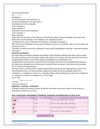 Database Systems Handbook
BY: MUHAMMAD SHARIF 76
Given the example below:
0-1 ---------- 1-
Multiplicities:
The first multiplicity, for the left entity: 0-1
The second multiplicity, for the right entity: 1-
Cardinalities for the first multiplicity:
Lower cardinality: 0
Upper cardinality: 1
Cardinalities for the second multiplicity:
Lower cardinality: 1
Upper cardinality:
Multiplicity is the constraint on the collection of the association objects whereas Cardinality is the count of the
objects that are in the collection. The multiplicity is the cardinality constraint.
A multiplicity of an event = Participation of an element + cardinality of an element.
UML uses the term Multiplicity, whereas Data Modelling uses the term Cardinality. They are for all intents and
purposes, the same.
Cardinality (sometimes referred to as Ordinality) is what is used in ER modeling to "describe" a relationship between
two Entities.
Cardinality and Modality
The major difference between cardinality and modality is that cardinality is defined as the metric used to specify
the number of occurrences of one object related to the number of occurrences of another object. On the contrary,
modality signifies whether a certain data object must participate in the relationship or not.
Cardinality refers to the maximum number of times an instance in one entity can be associated with instances in
the related entity. Modality refers to the minimum number of times an instance in one entity can be associated
with an instance in the related entity.
Cardinality can be 1 or Many and the symbol is placed on the outside ends of the relationship line, closest to the
entity, Modality can be 1 or 0 and the symbol is placed on the inside, next to the cardinality symbol. For a
cardinality of 1, a straight line is drawn. For a cardinality of Many a foot with three toes is drawn. For a modality of
1, a straight line is drawn. For a modality of 0, a circle is drawn.
zero or more
1 or more
1 and only 1 (exactly 1)
Multiplicity = Cardinality + Participation
Cardinality: Denotes the maximum number of possible relationship occurrences in which a certain entity can
participate (in simple terms: at most).
Note: Connectivity and Modality/ multiplicity/ Cardinality and Relationship are same terms.
 