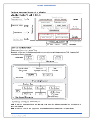 Database Systems Handbook
BY: MUHAMMAD SHARIF 8
Database Systems Architecture is as following:
Database architecture tiers
Database architecture has 4 types of tiers.
Single tier architecture (for local applications direct communication with database server/disk. It is also called
physical centralized architecture.
2-tier architecture (basic client-server APIs like ODBC, JDBC, and ORDS are used), Client and disk are connected by
APIs called network.
3-tier architecture (Used for web applications, it uses a web server to connect with a database server).
 