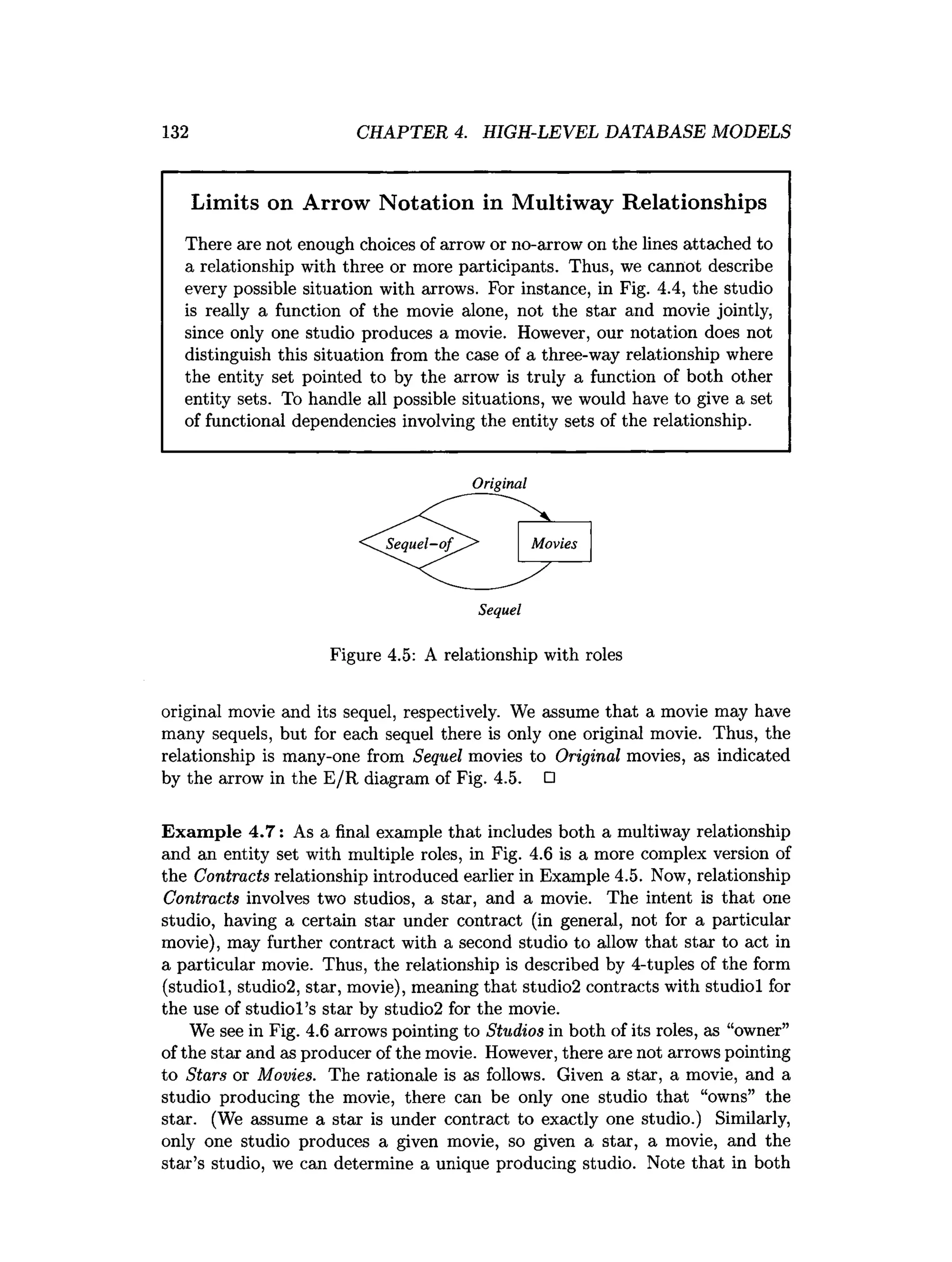 132 CHAPTER 4. HIGH-LEVEL DATABASE MODELS
Limits on Arrow Notation in Multiway Relationships
There are not enough choices of arrow or no-arrow on the lines attached to
a relationship with three or more participants. Thus, we cannot describe
every possible situation with arrows. For instance, in Fig. 4.4, the studio
is really a function of the movie alone, not the star and movie jointly,
since only one studio produces a movie. However, our notation does not
distinguish this situation from the case of a three-way relationship where
the entity set pointed to by the arrow is truly a function of both other
entity sets. To handle all possible situations, we would have to give a set
of functional dependencies involving the entity sets of the relationship.
Original
Figure 4.5: A relationship with roles
original movie and its sequel, respectively. We assume that a movie may have
many sequels, but for each sequel there is only one original movie. Thus, the
relationship is many-one from Sequel movies to Original movies, as indicated
by the arrow in the E/R diagram of Fig. 4.5. □
Exam ple 4.7: As a final example that includes both a multiway relationship
and an entity set with multiple roles, in Fig. 4.6 is a more complex version of
the Contracts relationship introduced earlier in Example 4.5. Now, relationship
Contracts involves two studios, a star, and a movie. The intent is that one
studio, having a certain star under contract (in general, not for a particular
movie), may further contract with a second studio to allow that star to act in
a particular movie. Thus, the relationship is described by 4-tuples of the form
(studiol, studio2, star, movie), meaning that studio2 contracts with studiol for
the use of studiol’s star by studio2 for the movie.
We see in Fig. 4.6 arrows pointing to Studios in both of its roles, as “owner”
of the star and as producer of the movie. However, there are not arrows pointing
to Stars or Movies. The rationale is as follows. Given a star, a movie, and a
studio producing the movie, there can be only one studio that “owns” the
star. (We assume a star is under contract to exactly one studio.) Similarly,
only one studio produces a given movie, so given a star, a movie, and the
star’s studio, we can determine a unique producing studio. Note that in both
 
