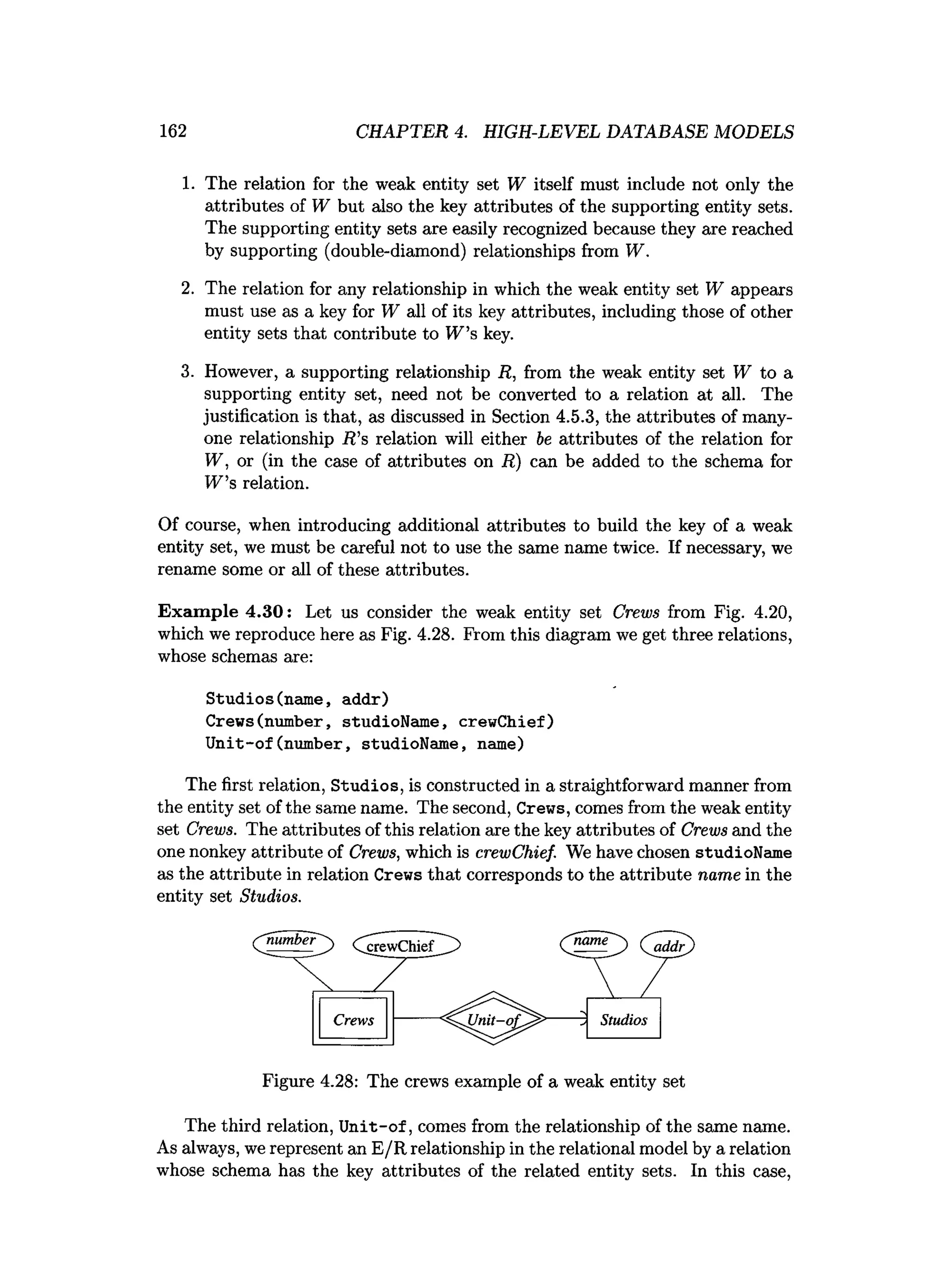 162 CHAPTER 4. HIGH-LEVEL DATABASE MODELS
1. The relation for the weak entity set W itself must include not only the
attributes of W but also the key attributes of the supporting entity sets.
The supporting entity sets are easily recognized because they are reached
by supporting (double-diamond) relationships from W.
2. The relation for any relationship in which the weak entity set W appears
must use as a key for W all of its key attributes, including those of other
entity sets that contribute to W ’s key.
3. However, a supporting relationship R, from the weak entity set W to a
supporting entity set, need not be converted to a relation at all. The
justification is that, as discussed in Section 4.5.3, the attributes of many-
one relationship R's relation will either be attributes of the relation for
W, or (in the case of attributes on R) can be added to the schema for
W's relation.
Of course, when introducing additional attributes to build the key of a weak
entity set, we must be careful not to use the same name twice. If necessary, we
rename some or all of these attributes.
Exam ple 4.30: Let us consider the weak entity set Crews from Fig. 4.20,
which we reproduce here as Fig. 4.28. From this diagram we get three relations,
whose schemas are:
Studios(name, addr)
Crews(number, studioName, crewChief)
Unit-of(number, studioName, name)
The first relation, Studios, is constructed in a straightforward manner from
the entity set of the same name. The second, Crews,comes from the weak entity
set Crews. The attributes of this relation are the key attributes of Crews and the
one nonkey attribute of Crews, which is crewChief. We have chosen studioName
as the attribute in relation Crews that corresponds to the attribute name in the
entity set Studios.
Figure 4.28: The crews example of a weak entity set
The third relation, U nit-of, comes from the relationship of the same name.
As always, we represent an E/R relationship in the relational model by a relation
whose schema has the key attributes of the related entity sets. In this case,
 