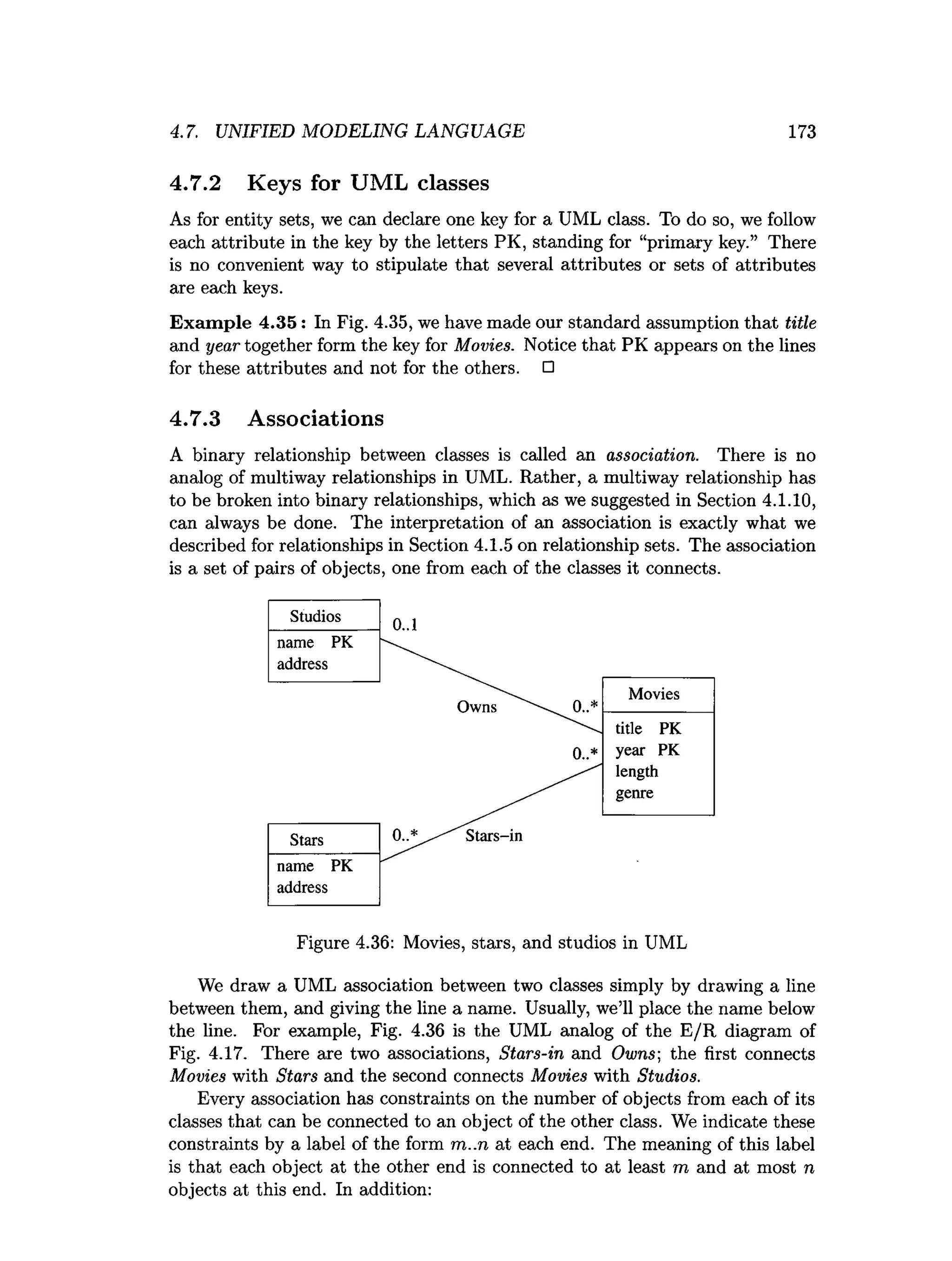 4.7. UNIFIED MODELING LANG UAGE 173
4.7.2 Keys for UML classes
As for entity sets, we can declare one key for a UML class. To do so, we follow
each attribute in the key by the letters PK, standing for “primary key.” There
is no convenient way to stipulate that several attributes or sets of attributes
are each keys.
Exam ple 4.35: In Fig. 4.35, we have made our standard assumption that title
and year together form the key for Movies. Notice that PK appears on the lines
for these attributes and not for the others. □
4.7.3 Associations
A binary relationship between classes is called an association. There is no
analog of multiway relationships in UML. Rather, a multiway relationship has
to be broken into binary relationships, which as we suggested in Section 4.1.10,
can always be done. The interpretation of an association is exactly what we
described for relationships in Section 4.1.5 on relationship sets. The association
is a set of pairs of objects, one from each of the classes it connects.
Figure 4.36: Movies, stars, and studios in UML
We draw a UML association between two classes simply by drawing a line
between them, and giving the line a name. Usually, we’ll place the name below
the line. For example, Fig. 4.36 is the UML analog of the E /R diagram of
Fig. 4.17. There are two associations, Stars-in and Owns; the first connects
Movies with Stars and the second connects Movies with Studios.
Every association has constraints on the number of objects from each of its
classes that can be connected to an object of the other class. We indicate these
constraints by a label of the form m..n at each end. The meaning of this label
is that each object at the other end is connected to at least m and at most n
objects at this end. In addition:
 