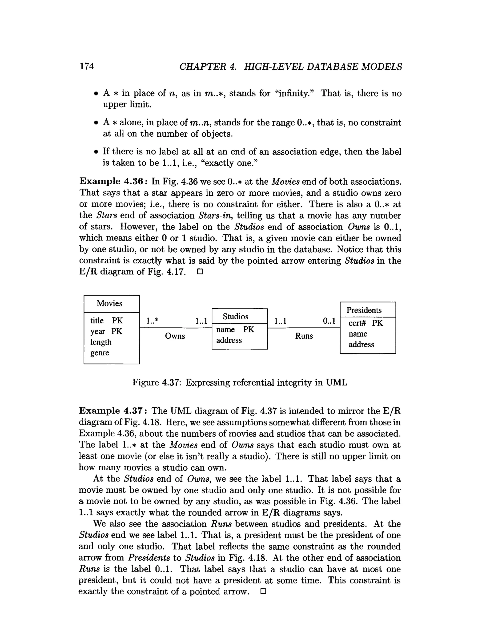 174 CHAPTER 4. HIGH-LEVEL DATABASE MODELS
• A * in place of n, as in m..*, stands for “infinity.” That is, there is no
upper limit.
• A * alone, in place of m..n, stands for the range 0..*, that is, no constraint
at all on the number of objects.
• If there is no label at all at an end of an association edge, then the label
is taken to be 1..1, i.e., “exactly one.”
Exam ple 4.36: In Fig. 4.36 we see 0..* at the Movies end of both associations.
That says that a star appears in zero or more movies, and a studio owns zero
or more movies; i.e., there is no constraint for either. There is also a 0..* at
the Stars end of association Stars-in, telling us that a movie has any number
of stars. However, the label on the Studios end of association Owns is 0..1,
which means either 0 or 1 studio. That is, a given movie can either be owned
by one studio, or not be owned by any studio in the database. Notice that this
constraint is exactly what is said by the pointed arrow entering Studios in the
E/R diagram of Fig. 4.17. □
Figure 4.37: Expressing referential integrity in UML
Exam ple 4.37: The UML diagram of Fig. 4.37 is intended to mirror the E/R
diagram of Fig. 4.18. Here, we see assumptions somewhat different from those in
Example 4.36, about the numbers of movies and studios that can be associated.
The label 1..* at the Movies end of Owns says that each studio must own at
least one movie (or else it isn’t really a studio). There is still no upper limit on
how many movies a studio can own.
At the Studios end of Owns, we see the label 1..1. That label says that a
movie must be owned by one studio and only one studio. It is not possible for
a movie not to be owned by any studio, as was possible in Fig. 4.36. The label
1..1 says exactly what the rounded arrow in E/R diagrams says.
We also see the association Runs between studios and presidents. At the
Studios end we see label 1..1. That is, a president must be the president of one
and only one studio. That label reflects the same constraint as the rounded
arrow from Presidents to Studios in Fig. 4.18. At the other end of association
Runs is the label 0..1. That label says that a studio can have at most one
president, but it could not have a president at some time. This constraint is
exactly the constraint of a pointed arrow. □
 