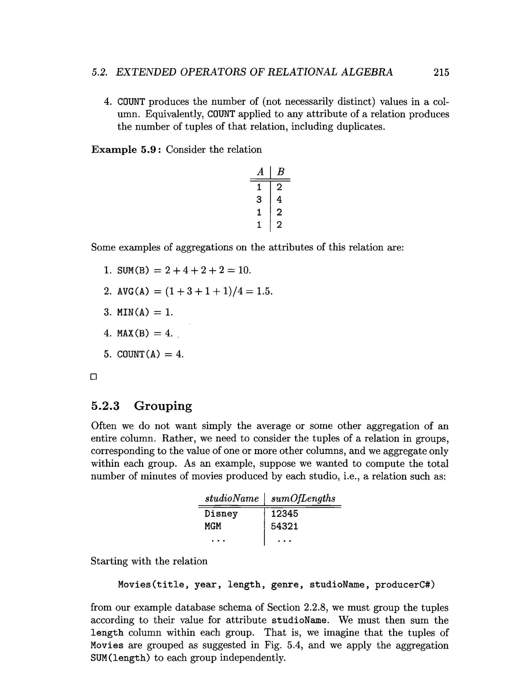 5.2. EXTENDED OPERATORS OF RELATIONAL ALGEBRA 215
4. COUNT produces the number of (not necessarily distinct) values in a col­
umn. Equivalently, COUNT applied to any attribute of a relation produces
the number of tuples of that relation, including duplicates.
Exam ple 5.9: Consider the relation
A B
"1 2
3 4
1 2
1 2
Some examples of aggregations on the attributes of this relation are:
1. SUM(B) = 2 + 4 + 2 + 2 = 10.
2. AVG(A) = (1 + 3 + 1 + l)/4 = 1.5.
3. MIN(A) = 1.
4. MAX(B) = 4. .
5. COUNT(A) = 4.
□
5.2.3 Grouping
Often we do not want simply the average or some other aggregation of an
entire column. Rather, we need to consider the tuples of a relation in groups,
corresponding to the value of one or more other columns, and we aggregate only
within each group. As an example, suppose we wanted to compute the total
number of minutes of movies produced by each studio, i.e., a relation such as:
studioName sumOfLengths
Disney 12345
M
G
M 54321
Starting with the relation
M o v ies(title, year, length, genre, studioName, producerC#)
from our example database schema of Section 2.2.8, we must group the tuples
according to their value for attribute studioName. We must then sum the
length column within each group. That is, we imagine that the tuples of
Movies are grouped as suggested in Fig. 5.4, and we apply the aggregation
SU
M(length) to each group independently.
 