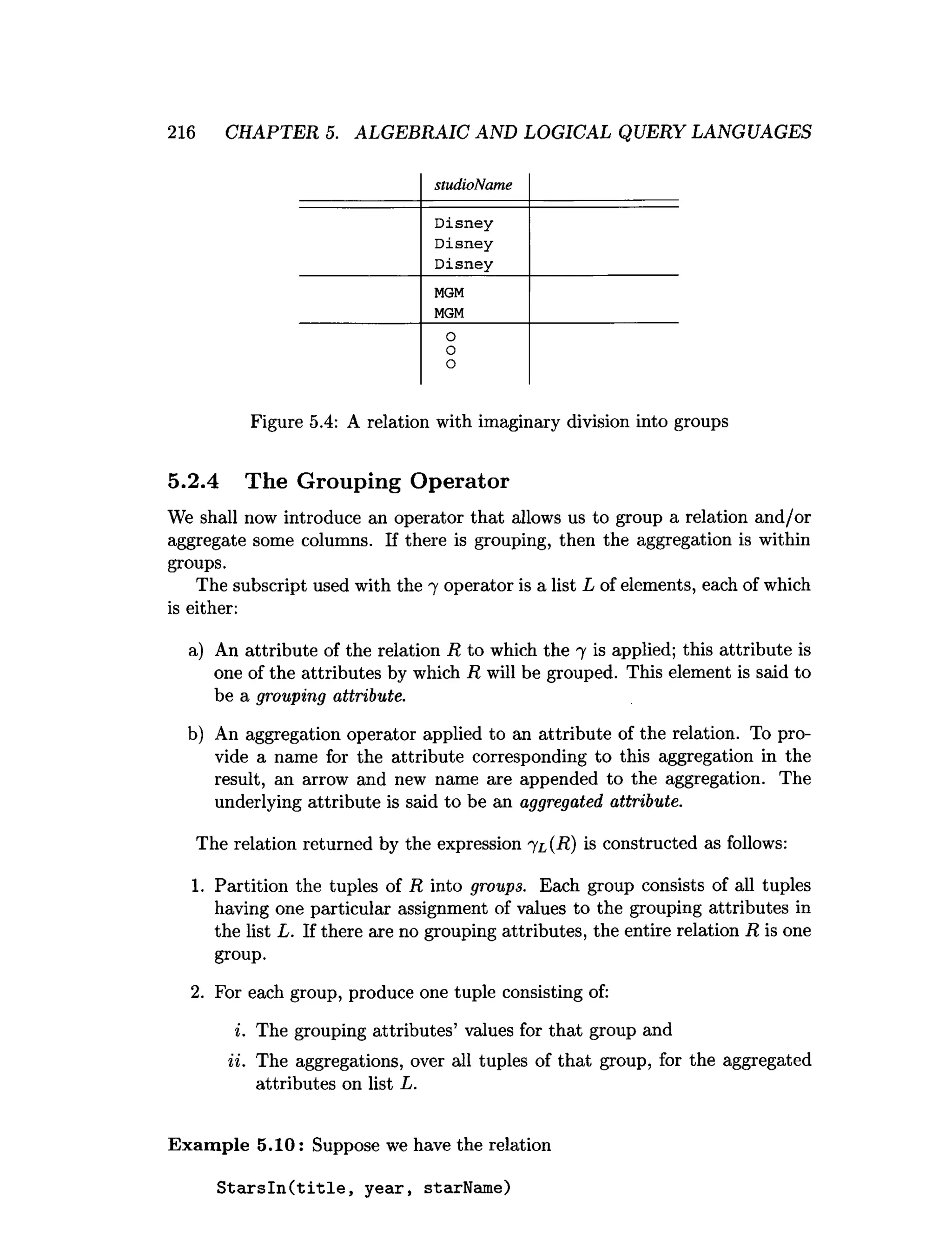216 CHAPTER 5. ALGEBRAIC AND LOGICAL QUERY LANGUAGES
studioName
Disney
Disney
Disney
MGM
MGM
O
O
O
Figure 5.4: A relation with imaginary division into groups
5.2.4 The Grouping Operator
We shall now introduce an operator that allows us to group a relation and/or
aggregate some columns. If there is grouping, then the aggregation is within
groups.
The subscript used with the 7 operator is a list L of elements, each of which
is either:
a) An attribute of the relation R to which the 7 is applied; this attribute is
one of the attributes by which R will be grouped. This element is said to
be a grouping attribute.
b) An aggregation operator applied to an attribute of the relation. To pro­
vide a name for the attribute corresponding to this aggregation in the
result, an arrow and new name are appended to the aggregation. The
underlying attribute is said to be an aggregated attribute.
The relation returned by the expression 7l {R) is constructed as follows:
1. Partition the tuples of R into groups. Each group consists of all tuples
having one particular assignment of values to the grouping attributes in
the list L. If there are no grouping attributes, the entire relation R is one
group.
2. For each group, produce one tuple consisting of:
i. The grouping attributes’ values for that group and
ii. The aggregations, over all tuples of that group, for the aggregated
attributes on list L.
Exam ple 5.10: Suppose we have the relation
S ta r s ln ( title , year, starName)
 