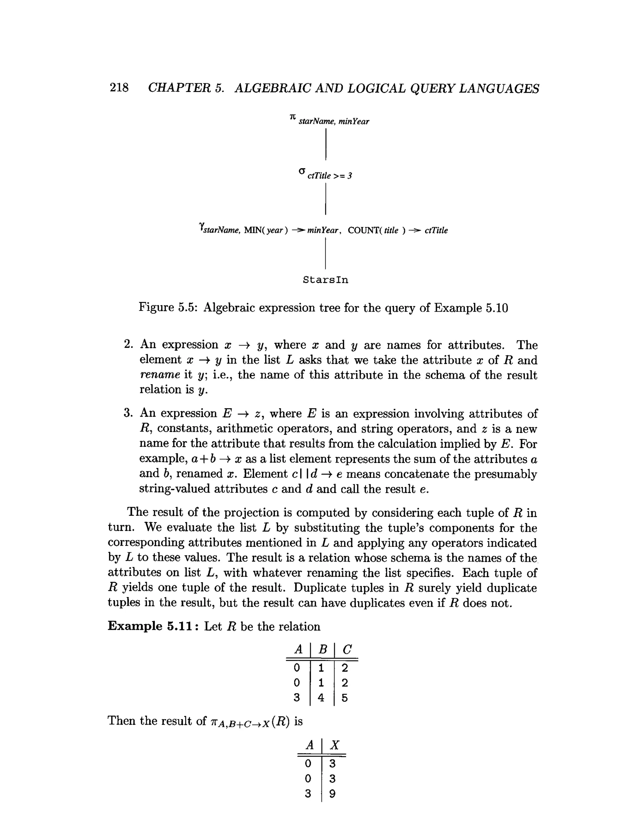 71 starName, minYear
218 CHAPTER 5. ALGEBRAIC AND LOGICAL QUERY LANGUAGES
^starName, M IN (year) minYear, COUNT(title ) ctTitle
Starsln
Figure 5.5: Algebraic expression tree for the query of Example 5.10
2. An expression x —
» y, where x and y are names for attributes. The
element x —
►
y in the list L asks that we take the attribute x of R and
rename it y; i.e., the name of this attribute in the schema of the result
relation is y.
3. An expression E —
►
2, where E is an expression involving attributes of
R, constants, arithmetic operators, and string operators, and 2 is a new
name for the attribute that results from the calculation implied by E. For
example, a + b —
>x as a list element represents the sum of the attributes a
and b, renamed x. Element cl Id —
>
•e means concatenate the presumably
string-valued attributes c and d and call the result e.
The result of the projection is computed by considering each tuple of R in
turn. We evaluate the list L by substituting the tuple’s components for the
corresponding attributes mentioned in L and applying any operators indicated
by L to these values. The result is a relation whose schema is the names of the
attributes on list L, with whatever renaming the list specifies. Each tuple of
R yields one tuple of the result. Duplicate tuples in R surely yield duplicate
tuples in the result, but the result can have duplicates even if R does not.
Exam ple 5.11: Let R be the relation
A B C
0 1 2
0 1 2
3 4 5
Then the result of t t a ,b + c ^ x ( R ) is
A X
0 3
0 3
3 9
 