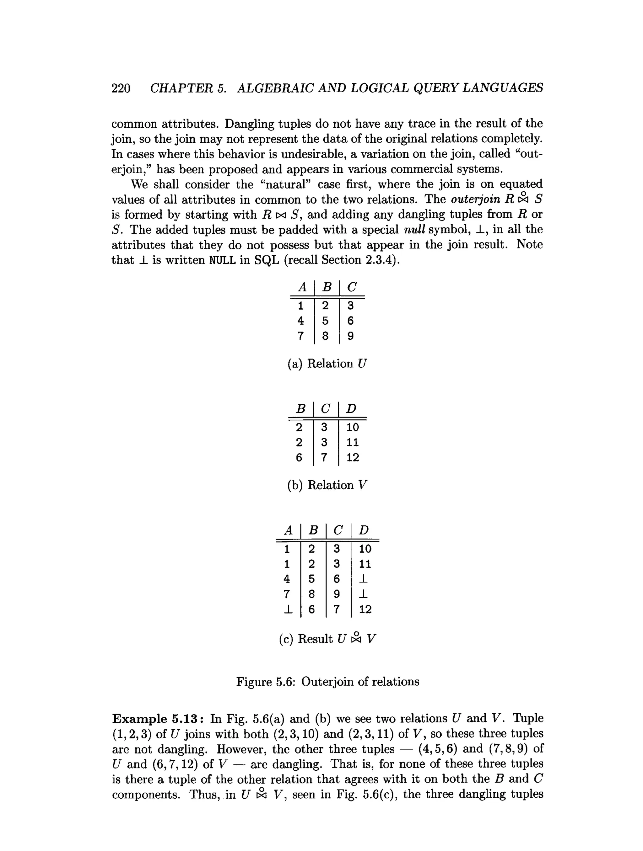 220 CHAPTER 5. ALGEBRAIC AND LOGICAL QUERY LANGUAGES
common attributes. Dangling tuples do not have any trace in the result of the
join, so the join may not represent the data of the original relations completely.
In cases where this behavior is undesirable, a variation on the join, called “out-
erjoin,” has been proposed and appears in various commercial systems.
We shall consider the “natural” case first, where the join is on equated
values of all attributes in common to the two relations. The outerjoin R cxi S
is formed by starting with R tx 5, and adding any dangling tuples from R or
S. The added tuples must be padded with a special null symbol, _L, in all the
attributes that they do not possess but that appear in the join result. Note
that I. is written NULL in SQL (recall Section 2.3.4).
A B C
1 2 3
4 5 6
7 8 9
(a) Relation U
B C D
2 3 10
2 3 11
6 7 12
(b) Relation V
A B C D
1 2 3 10
1 2 3 11
4 5 6 ±
7 8 9 ±
_
L 6 7 12
(c) Result U & V
Figure 5.6: Outerjoin of relations
Exam ple 5.13: In Fig. 5.6(a) and (b) we see two relations U and V . Tuple
(1,2,3) of U joins with both (2,3,10) and (2,3,11) of V, so these three tuples
are not dangling. However, the other three tuples — (4,5,6) and (7,8,9) of
U and (6,7,12) of V — are dangling. That is, for none of these three tuples
is there a tuple of the other relation that agrees with it on both the B and C
components. Thus, in U cSi V, seen in Fig. 5.6(c), the three dangling tuples
 