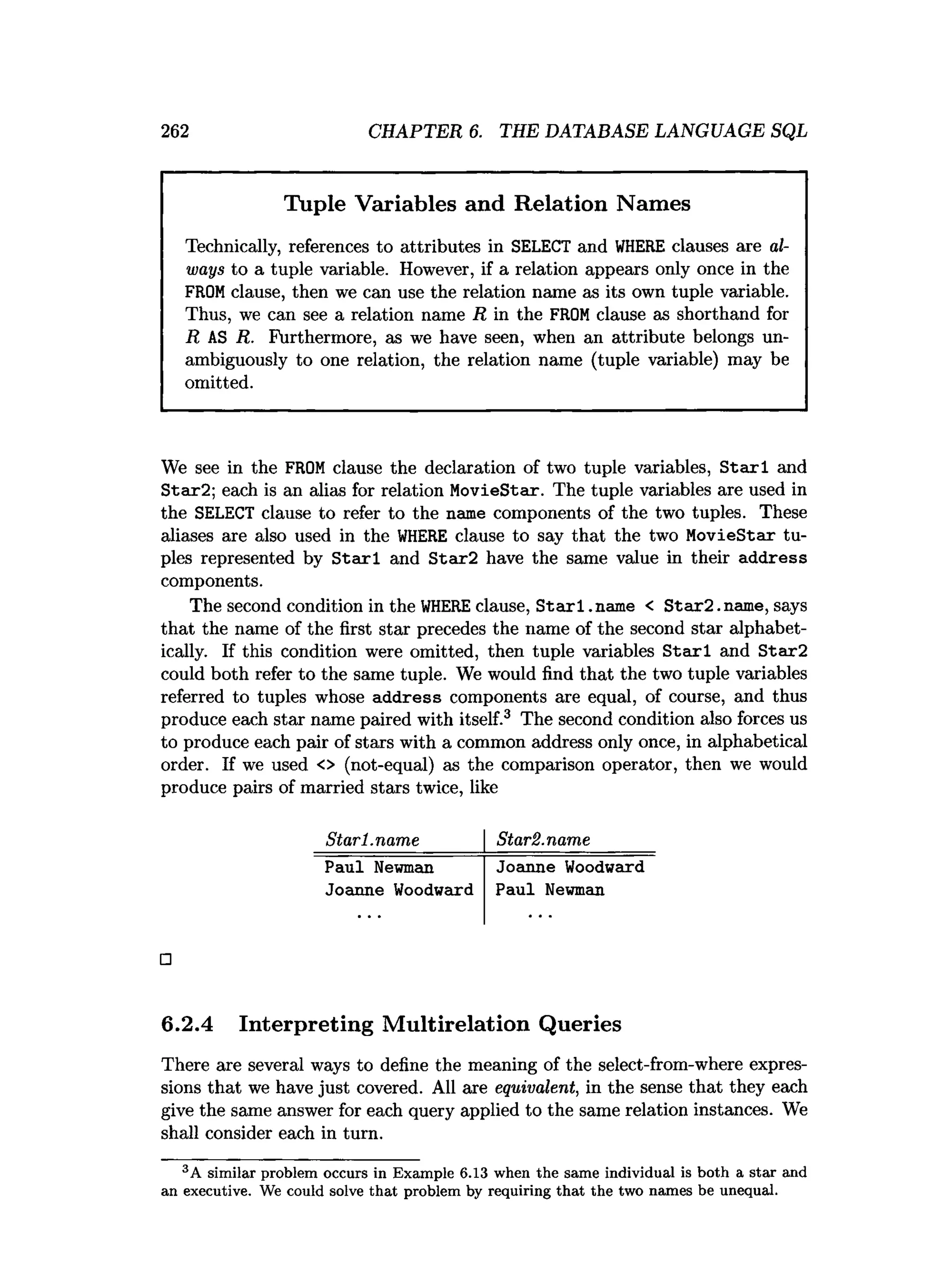 262 CHAPTER 6. THE DATABASE LANGUAGE SQL
Tuple Variables and Relation Names
Technically, references to attributes in SELECT and W
HERE clauses are al­
ways to a tuple variable. However, if a relation appears only once in the
FROMclause, then we can use the relation name as its own tuple variable.
Thus, we can see a relation name R in the FROMclause as shorthand for
R AS R. Furthermore, as we have seen, when an attribute belongs un­
ambiguously to one relation, the relation name (tuple variable) may be
omitted.
We see in the FROM clause the declaration of two tuple variables, S ta rl and
Star2; each is an alias for relation MovieStar. The tuple variables are used in
the SELECT clause to refer to the name components of the two tuples. These
aliases are also used in the W
HERE clause to say that the two MovieStar tu­
ples represented by S ta rl and Star2 have the same value in their address
components.
The second condition in the W
HEREclause, S ta r l.name < S ta r2 .name, says
that the name of the first star precedes the name of the second star alphabet­
ically. If this condition were omitted, then tuple variables S ta rl and Star2
could both refer to the same tuple. We would find that the two tuple variables
referred to tuples whose address components are equal, of course, and thus
produce each star name paired with itself.3 The second condition also forces us
to produce each pair of stars with a common address only once, in alphabetical
order. If we used <> (not-equal) as the comparison operator, then we would
produce pairs of married stars twice, like
Starl. name StarS.name
Paul Newman
Joanne Woodward
Joanne Woodward
Paul Newman
□
6.2.4 Interpreting Multirelation Queries
There are several ways to define the meaning of the select-from-where expres­
sions that we have just covered. All are equivalent, in the sense that they each
give the same answer for each query applied to the same relation instances. We
shall consider each in turn.
3A sim ilar problem occurs in Exam ple 6.13 when th e sam e individual is bo th a sta r and
an executive. We could solve th a t problem by requiring th a t th e two nam es be unequal.
 