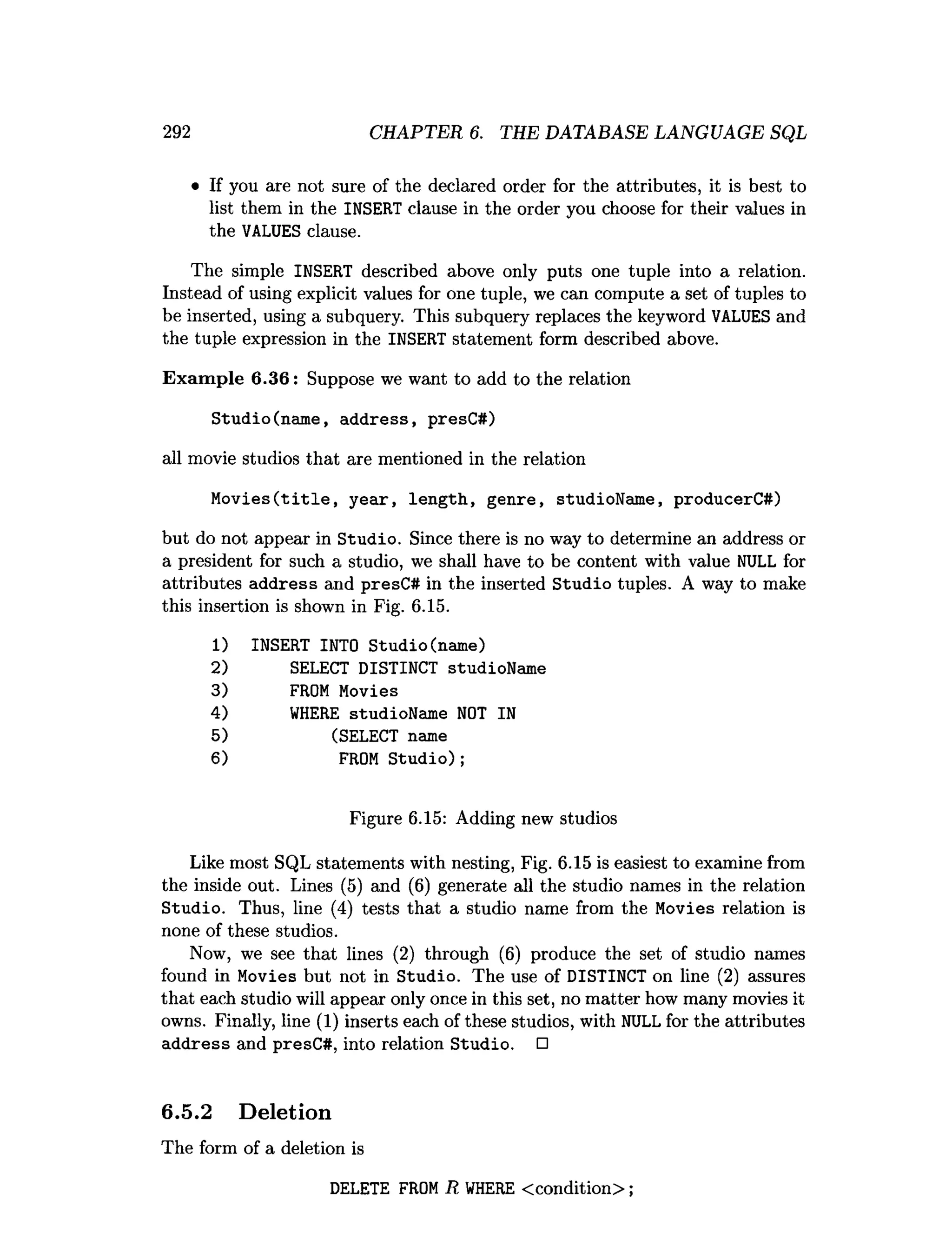 292 CHAPTER 6. THE DATABASE LANGUAGE SQL
• If you are not sure of the declared order for the attributes, it is best to
list them in the INSERT clause in the order you choose for their values in
the VALUES clause.
The simple INSERT described above only puts one tuple into a relation.
Instead of using explicit values for one tuple, we can compute a set of tuples to
be inserted, using a subquery. This subquery replaces the keyword VALUES and
the tuple expression in the INSERT statement form described above.
Exam ple 6.36: Suppose we want to add to the relation
Studio(name, address, presC#)
all movie studios that are mentioned in the relation
M o v ies(title, year, length, genre, studioName, producerC#)
but do not appear in Studio. Since there is no way to determine an address or
a president for such a studio, we shall have to be content with value NULL for
attributes address and presC# in the inserted Studio tuples. A way to make
this insertion is shown in Fig. 6.15.
1) INSERT INTO Studio(name)
2) SELECT DISTINCT studioName
3) FROM Movies
4) W
HERE studioName NOT IN
5) (SELECT name
6) FROM S tu d io );
Figure 6.15: Adding new studios
Like most SQL statements with nesting, Fig. 6.15 is easiest to examine from
the inside out. Lines (5) and (6) generate all the studio names in the relation
Studio. Thus, line (4) tests that a studio name from the Movies relation is
none of these studios.
Now, we see that lines (2) through (6) produce the set of studio names
found in Movies but not in Studio. The use of DISTINCT on line (2) assures
that each studio will appear only once in this set, no matter how many movies it
owns. Finally, line (1) inserts each of these studios, with NULLfor the attributes
address and presC#, into relation Studio. □
6.5.2 Deletion
The form of a deletion is
DELETE FROMR W
HERE <condition> ;
 