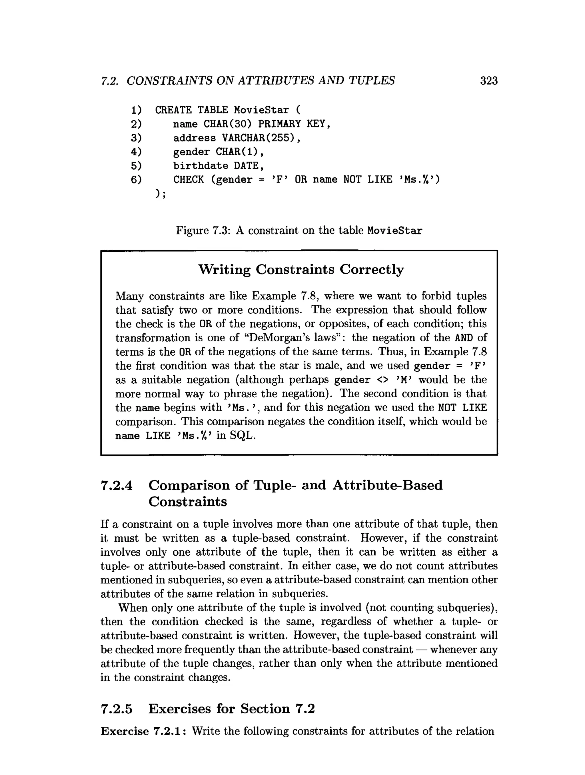 7.2. CONSTRAINTS ON ATTRIBUTES AND TUPLES 323
1) CREATE TABLE MovieStar (
2) name CHAR(30) PRIMARY KEY,
3) address VARCHAR(255),
4) gender CHAR(l),
5) b irth d ate DATE,
6) CHECK (gender = ’F’ OR name NOT LIKE ’Ms.*/.’)
);
Figure 7.3: A constraint on the table MovieStar
Writing Constraints Correctly
Many constraints are like Example 7.8, where we want to forbid tuples
that satisfy two or more conditions. The expression that should follow
the check is the OR of the negations, or opposites, of each condition; this
transformation is one of “DeMorgan’s laws”: the negation of the AN
D of
terms is the ORof the negations of the same terms. Thus, in Example 7.8
the first condition was that the star is male, and we used gender = ’F ’
as a suitable negation (although perhaps gender <> ’M’ would be the
more normal way to phrase the negation). The second condition is that
the name begins with ’Ms. ’, and for this negation we used the NOT LIKE
comparison. This comparison negates the condition itself, which would be
name LIKE ’Ms.’
/.’ in SQL.
7.2.4 Comparison of Tuple- and Attribute-Based
Constraints
If a constraint on a tuple involves more than one attribute of that tuple, then
it must be written as a tuple-based constraint. However, if the constraint
involves only one attribute of the tuple, then it can be written as either a
tuple- or attribute-based constraint. In either case, we do not count attributes
mentioned in subqueries, so even a attribute-based constraint can mention other
attributes of the same relation in subqueries.
When only one attribute of the tuple is involved (not counting subqueries),
then the condition checked is the same, regardless of whether a tuple- or
attribute-based constraint is written. However, the tuple-based constraint will
be checked more frequently than the attribute-based constraint — whenever any
attribute of the tuple changes, rather than only when the attribute mentioned
in the constraint changes.
7.2.5 Exercises for Section 7.2
Exercise 7.2.1: Write the following constraints for attributes of the relation
 