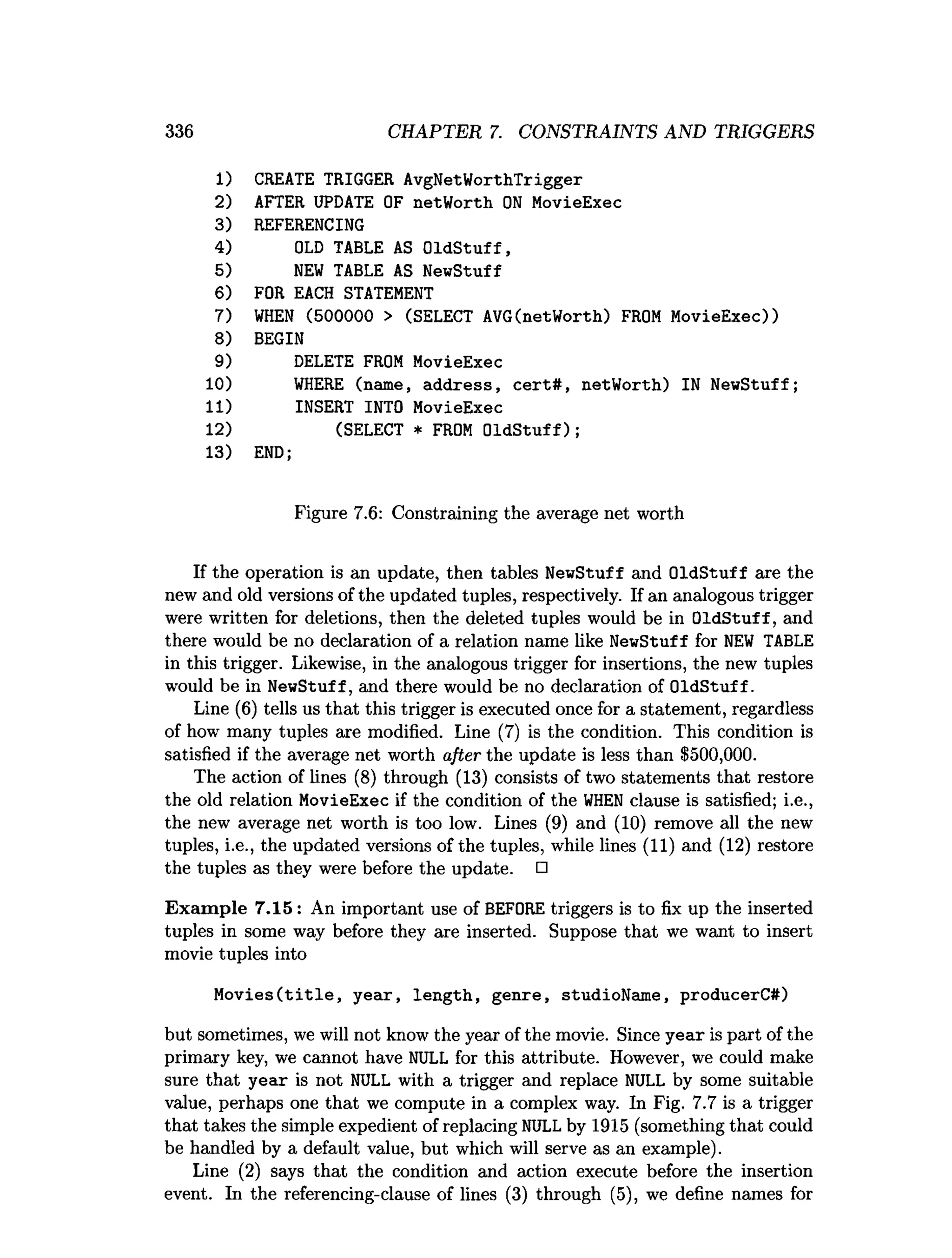336 CHAPTER 7. CONSTRAINTS AND TRIGGERS
1) CREATE TRIGGER AvgNetWorthTrigger
2) AFTER UPDATE OF netWorth O
N MovieExec
3) REFERENCING
4) OLD TABLE AS O ldStuff,
5) N
EW TABLE AS NewStuff
6) FOR EACH STATEMENT
7) W
H
EN (500000 > (SELECT AVG(netWorth) FROM MovieExec))
8) BEGIN
9)
10)
11)
12)
DELETE FROM MovieExec
W
HERE (name, address, ce rt# , netWorth) IN NewStuff;
INSERT INTO MovieExec
(SELECT * FROM O ldS tuff);
13) END;
Figure 7.6: Constraining the average net worth
If the operation is an update, then tables NewStuff and OldStuff are the
new and old versions of the updated tuples, respectively. If an analogous trigger
were written for deletions, then the deleted tuples would be in OldStuff, and
there would be no declaration of a relation name like NewStuff for N
EW TABLE
in this trigger. Likewise, in the analogous trigger for insertions, the new tuples
would be in NewStuff, and there would be no declaration of OldStuff.
Line (6) tells us that this trigger is executed once for a statement, regardless
of how many tuples are modified. Line (7) is the condition. This condition is
satisfied if the average net worth after the update is less than $500,000.
The action of lines (8) through (13) consists of two statements that restore
the old relation MovieExec if the condition of the W
H
EN clause is satisfied; i.e.,
the new average net worth is too low. Lines (9) and (10) remove all the new
tuples, i.e., the updated versions of the tuples, while lines (11) and (12) restore
the tuples as they were before the update. □
Exam ple 7.15 : An important use of BEFORE triggers is to fix up the inserted
tuples in some way before they are inserted. Suppose that we want to insert
movie tuples into
M o v ies(title, y ea r, length, genre, studioName, producerC#)
but sometimes, we will not know the year of the movie. Since year is part of the
primary key, we cannot have NULL for this attribute. However, we could make
sure that year is not NULL with a trigger and replace NULL by some suitable
value, perhaps one that we compute in a complex way. In Fig. 7.7 is a trigger
that takes the simple expedient of replacing NULL by 1915 (something that could
be handled by a default value, but which will serve as an example).
Line (2) says that the condition and action execute before the insertion
event. In the referencing-clause of lines (3) through (5), we define names for
 