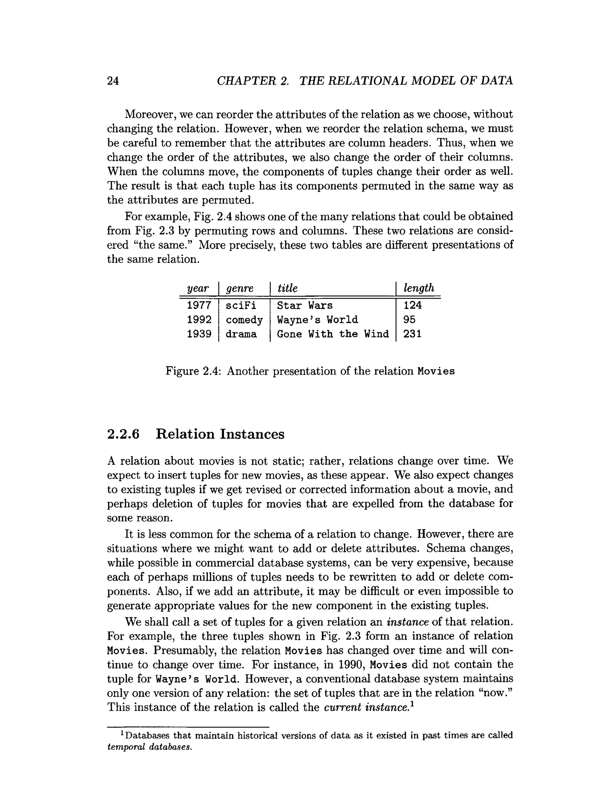 24 CHAPTER 2. THE RELATIONAL MODEL OF DATA
Moreover, we can reorder the attributes of the relation as we choose, without
changing the relation. However, when we reorder the relation schema, we must
be careful to remember that the attributes are column headers. Thus, when we
change the order of the attributes, we also change the order of their columns.
When the columns move, the components of tuples change their order as well.
The result is that each tuple has its components permuted in the same way as
the attributes are permuted.
For example, Fig. 2.4 shows one of the many relations that could be obtained
from Fig. 2.3 by permuting rows and columns. These two relations are consid­
ered “the same.” More precisely, these two tables are different presentations of
the same relation.
year genre title length
1977 sciF i S tar Wars 124
1992 comedy Wayne’s World 95
1939 drama Gone With the Wind 231
Figure 2.4: Another presentation of the relation Movies
2.2.6 Relation Instances
A relation about movies is not static; rather, relations change over time. We
expect to insert tuples for new movies, as these appear. We also expect changes
to existing tuples if we get revised or corrected information about a movie, and
perhaps deletion of tuples for movies that are expelled from the database for
some reason.
It is less common for the schema of a relation to change. However, there are
situations where we might want to add or delete attributes. Schema changes,
while possible in commercial database systems, can be very expensive, because
each of perhaps millions of tuples needs to be rewritten to add or delete com­
ponents. Also, if we add an attribute, it may be difficult or even impossible to
generate appropriate values for the new component in the existing tuples.
We shall call a set of tuples for a given relation an instance of that relation.
For example, the three tuples shown in Fig. 2.3 form an instance of relation
Movies. Presumably, the relation Movies has changed over time and will con­
tinue to change over time. For instance, in 1990, Movies did not contain the
tuple for Wayne ’s World. However, a conventional database system maintains
only one version of any relation: the set of tuples that are in the relation “now.”
This instance of the relation is called the current instance}
1D atabases th a t m aintain historical versions of d a ta as it existed in past tim es are called
temporal databases.
 