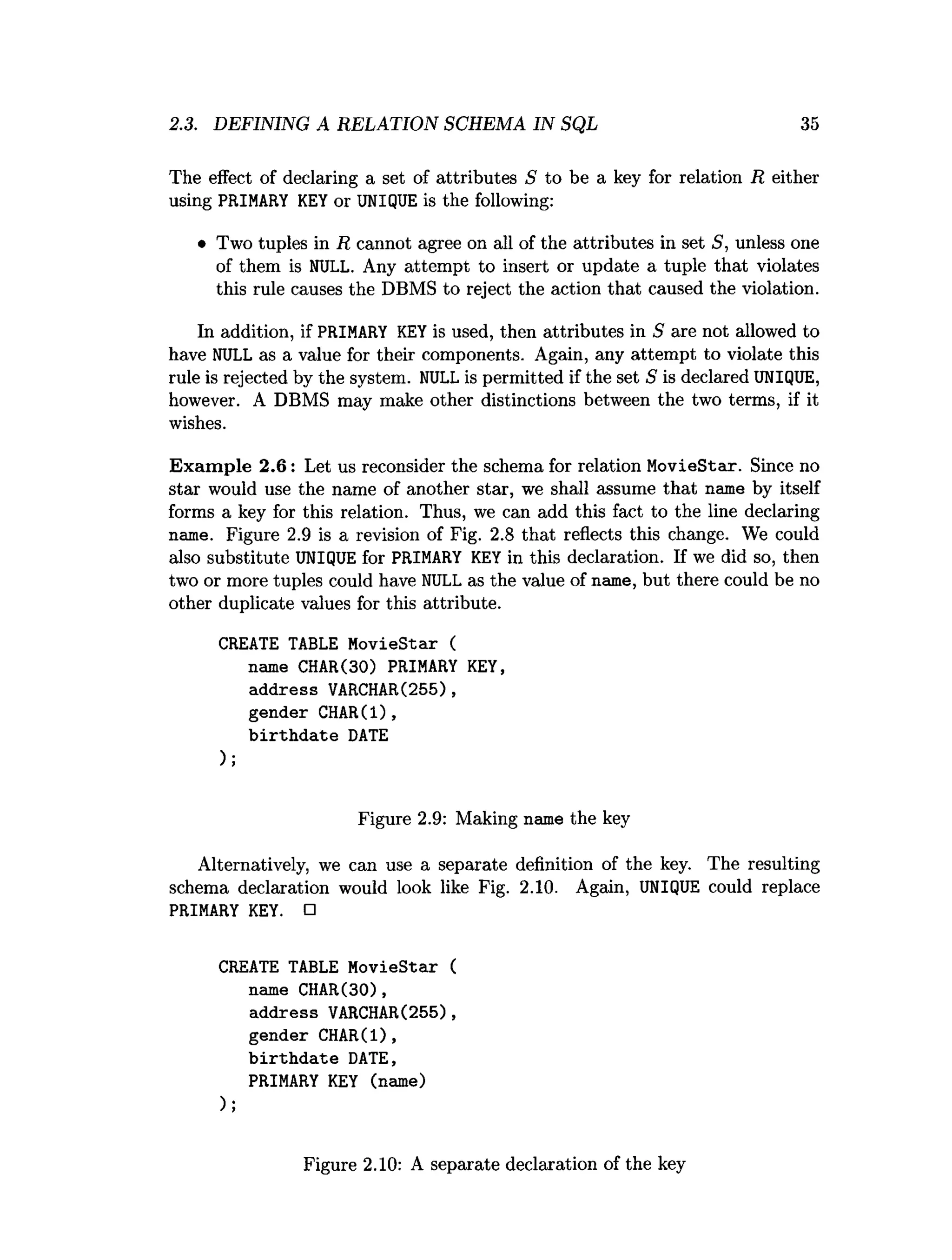 2.3. DEFINING A RELATION SCHEMA IN SQL 35
The effect of declaring a set of attributes 5 to be a key for relation R either
using PRIMARY KEY or UNIQUE is the following:
• Two tuples in R cannot agree on all of the attributes in set 5, unless one
of them is NULL. Any attempt to insert or update a tuple that violates
this rule causes the DBMS to reject the action that caused the violation.
In addition, if PRIMARY KEY is used, then attributes in S are not allowed to
have NULL as a value for their components. Again, any attempt to violate this
rule is rejected by the system. NULL is permitted if the set S is declared UNIQUE,
however. A DBMS may make other distinctions between the two terms, if it
wishes.
Exam ple 2.6: Let us reconsider the schema for relation MovieStar. Since no
star would use the name of another star, we shall assume that name by itself
forms a key for this relation. Thus, we can add this fact to the line declaring
name. Figure 2.9 is a revision of Fig. 2.8 that reflects this change. We could
also substitute UNIQUE for PRIMARY KEY in this declaration. If we did so, then
two or more tuples could have NULL as the value of name, but there could be no
other duplicate values for this attribute.
CREATE TABLE MovieStar (
name CHAR(30) PRIMARY KEY,
address VARCHAR(255),
gender CHAR(l),
b irth d ate DATE
);
Figure 2.9: Making name the key
Alternatively, we can use a separate definition of the key. The resulting
schema declaration would look like Fig. 2.10. Again, UNIQUE could replace
PRIMARY KEY. □
CREATE TABLE MovieStar (
name CHAR(30),
address VARCHAR(255),
gender CHAR(l),
b irth d ate DATE,
PRIMARY KEY (name)
);
Figure 2.10: A separate declaration of the key
 