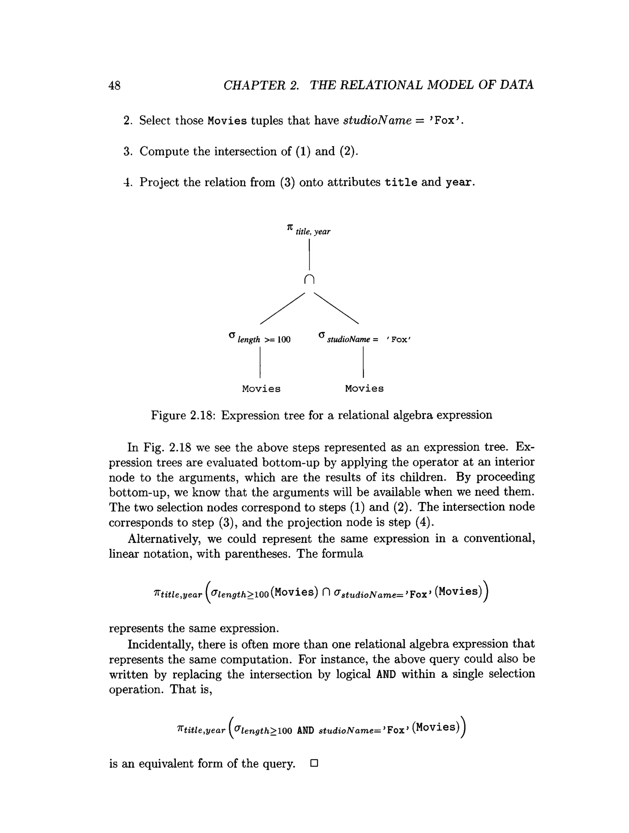 48 CHAPTER 2. THE RELATIONAL MODEL OF DATA
2. Select those Movies tuples that have studioName = ’
Fox’
.
3. Compute the intersection of (1) and (2).
4. Project the relation from (3) onto attributes t i t l e and year.
K .,
title, year
n
C length >= 100
Movies Movies
Figure 2.18: Expression tree for a relational algebra expression
In Fig. 2.18 we see the above steps represented as an expression tree. Ex­
pression trees are evaluated bottom-up by applying the operator at an interior
node to the arguments, which are the results of its children. By proceeding
bottom-up, we know that the arguments will be available when we need them.
The two selection nodes correspond to steps (1) and (2). The intersection node
corresponds to step (3), and the projection node is step (4).
Alternatively, we could represent the same expression in a conventional,
linear notation, with parentheses. The formula
ovies) n GstudioName=*
Fox’(Movies))
7
1
"
title^year
represents the same expression.
Incidentally, there is often more than one relational algebra expression that
represents the same computation. For instance, the above query could also be
written by replacing the intersection by logical A
N
D within a single selection
operation. That is,
7T
title ,ye a r (^ le n g th > 100 AND s tu d io N a m e = >F o x i (Movies)^
is an equivalent form of the query. □
 