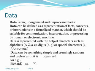 Data
Monday, July 9, 2018 UNIT-I 3
Data is raw, unorganized and unprocessed facts .
Data can be defined as a representation of facts, concepts,
or instructions in a formalized manner, which should be
suitable for communication, interpretation, or processing
by human or electronic machine.
Data is represented with the help of characters such as
alphabets (A-Z, a-z), digits (0-9) or special characters (+,-
,/,*,<,>,= etc.)
Data can be something simple and seemingly random
and useless until it is organized
For e.g.:-
’Richard’, 21, ’*’.
 
