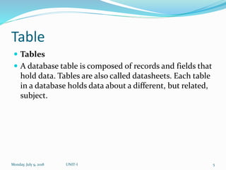 Table
 Tables
 A database table is composed of records and fields that
hold data. Tables are also called datasheets. Each table
in a database holds data about a different, but related,
subject.
Monday, July 9, 2018 UNIT-I 5
 