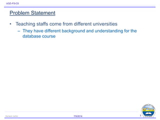 UOZ–FS-CS
Problem Statement
• Teaching staffs come from different universities
– They have different background and understanding for the
database course
7/5/2014Karwan Jacksi 3
 