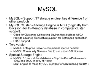 MySQL MySQL – Support 3 rd  storage engine, key difference from other products MySQL Cluster – Storage Engine is NDB (originally from Ericsson) for In-Memory database in computer cluster support.  Good for Clustering Computing Environment such as ATCA Provide advance architecture support for distributed application LDAP support Two version MySQL Enterprise Server – commercial license needed MySQL Community Server – free to use under GPL license Special Storage Engine  MySQL 5.1 w/ Kickfire database – Top 1 in Price-Performance 100G and 300G in TPC-H Result DB2I Engine to make MySQL interface for DB2 running on IBM i. 