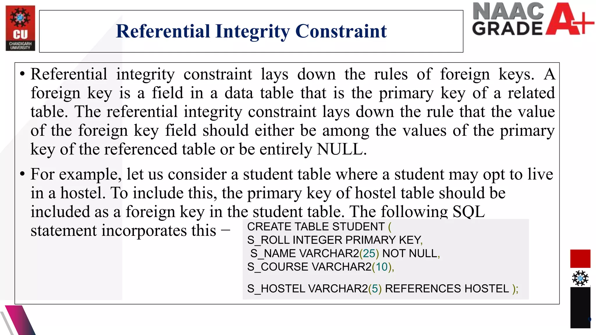 • Referential integrity constraint lays down the rules of foreign keys. A
foreign key is a field in a data table that is the primary key of a related
table. The referential integrity constraint lays down the rule that the value
of the foreign key field should either be among the values of the primary
key of the referenced table or be entirely NULL.
• For example, let us consider a student table where a student may opt to live
in a hostel. To include this, the primary key of hostel table should be
included as a foreign key in the student table. The following SQL
statement incorporates this −
9
Referential Integrity Constraint
CREATE TABLE STUDENT (
S_ROLL INTEGER PRIMARY KEY,
S_NAME VARCHAR2(25) NOT NULL,
S_COURSE VARCHAR2(10),
S_HOSTEL VARCHAR2(5) REFERENCES HOSTEL );
 