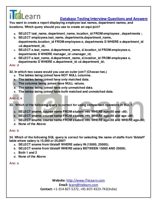 SQL Database testing interview questions and answers