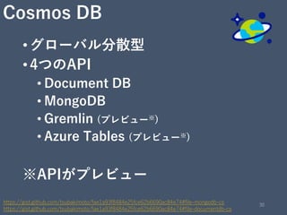 Cosmos DB
•グローバル分散型
•4つのAPI
• Document DB
• MongoDB
• Gremlin (プレビュー※)
• Azure Tables (プレビュー※)
※APIがプレビュー
30
https://gist....