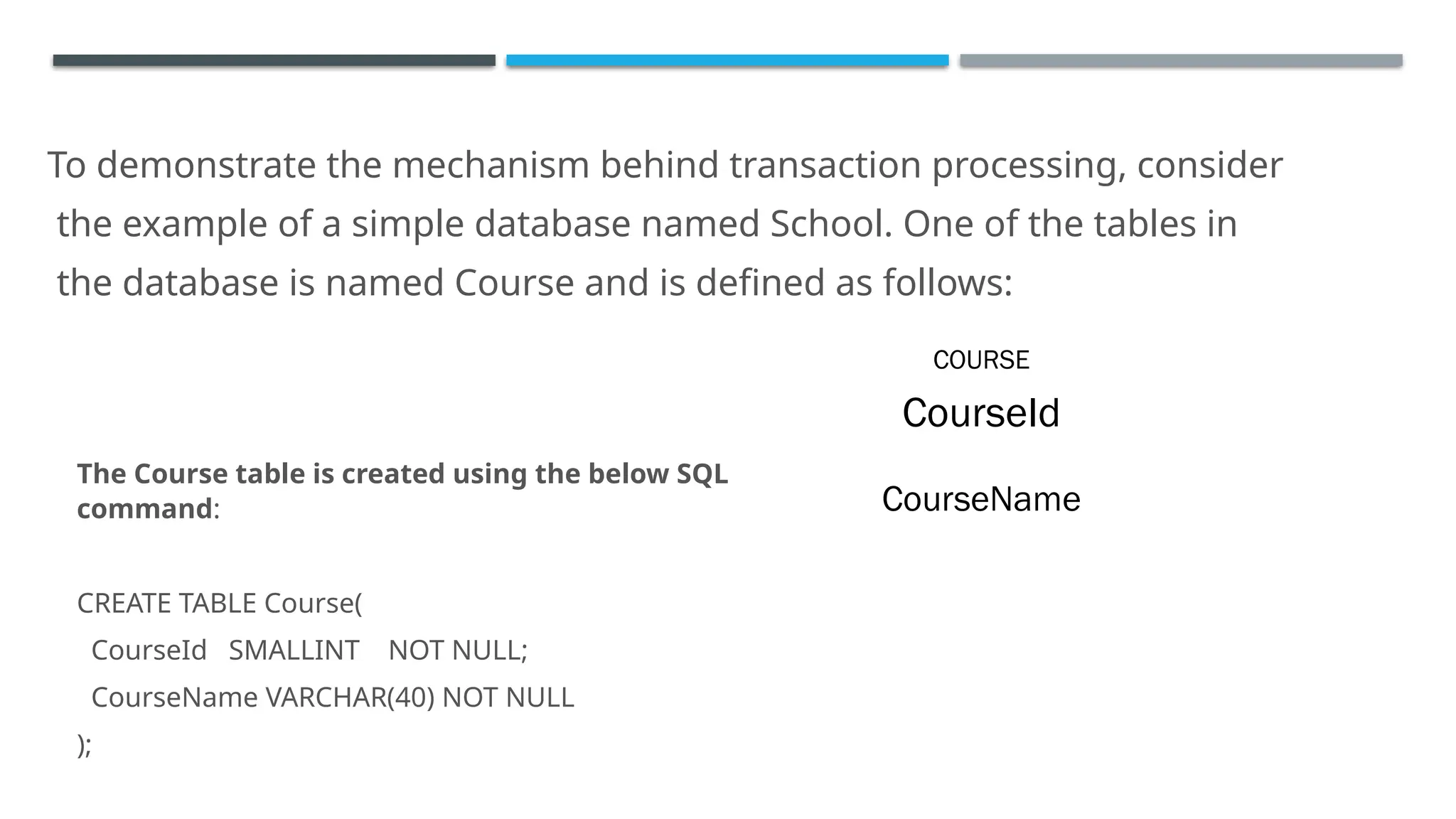 To demonstrate the mechanism behind transaction processing, consider
the example of a simple database named School. One of the tables in
the database is named Course and is defined as follows:
COURSE
CourseId
CourseName
The Course table is created using the below SQL
command:
CREATE TABLE Course(
CourseId SMALLINT NOT NULL;
CourseName VARCHAR(40) NOT NULL
);
 