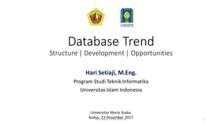 Database	Trend
Structure	|	Development	|	Opportunities
Hari	Setiaji,	M.Eng.
Program	Studi Teknik Informatika
Universitas Islam	Indonesia
Universitas Muria Kudus
Kudus,	23	Desember 2017Hari	Setiaji	- Informatika	UII 1
 