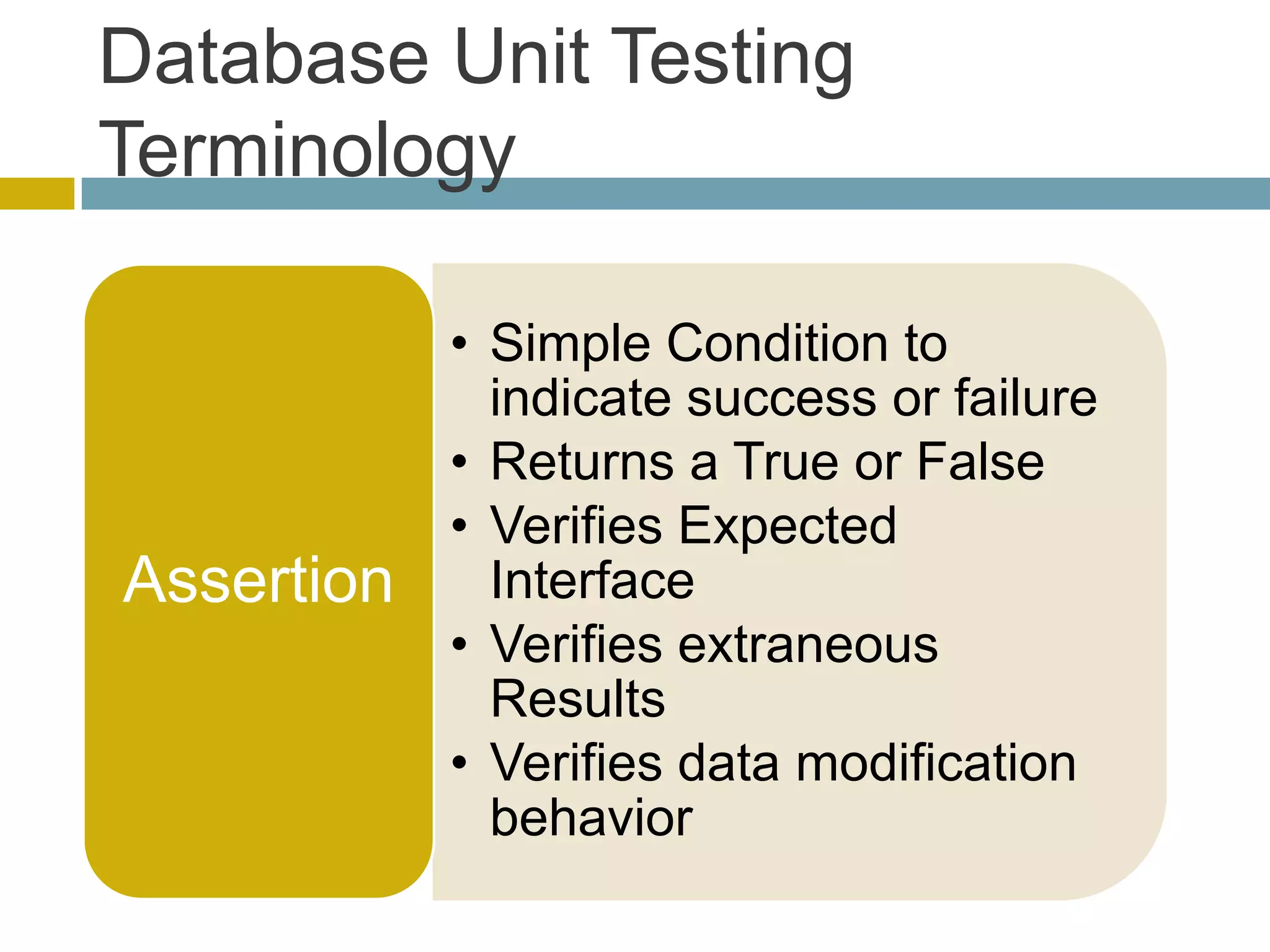 Database Unit Testing
Terminology

            • Simple Condition to
              indicate success or failure
            • Returns a True or False
            • Verifies Expected
Assertion     Interface
            • Verifies extraneous
              Results
            • Verifies data modification
              behavior
 