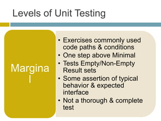 Levels of Unit Testing

          • Exercises commonly used
            code paths & conditions
          • One step above Minimal
          • Tests Empty/Non-Empty
Margina     Result sets
   l      • Some assertion of typical
            behavior & expected
            interface
          • Not a thorough & complete
            test
 
