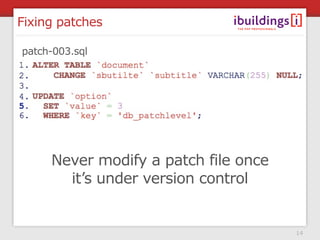 Fixing patches

patch-003.sql




     Never modify a patch file once
       it’s under version control


                                      14
 