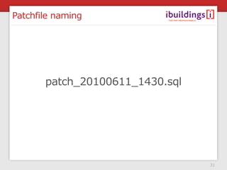 Patchfile naming




       patch_20100611_1430.sql




                                 31
 
