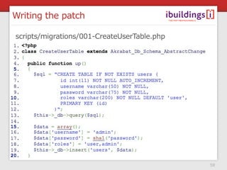 Writing the patch

scripts/migrations/001-CreateUserTable.php




                                             58
 