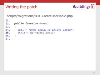 Writing the patch

scripts/migrations/001-CreateUserTable.php




                                             59
 