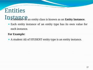 Entities
Instance
17
⚫ A member of an entity class is known as an Entity Instance.
⚫ Each entity instance of an entity type has its own value for
each instance.
For Example:
⚫ A student Ali of STUDENT entity type is an entity instance.
 