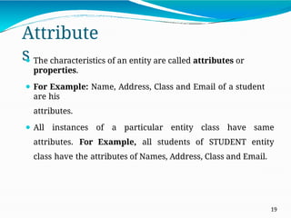 Attribute
s
19
⚫ The characteristics of an entity are called attributes or
properties.
⚫ For Example: Name, Address, Class and Email of a student
are his
attributes.
⚫ All instances of a particular entity class have same
attributes. For Example, all students of STUDENT entity
class have the attributes of Names, Address, Class and Email.
 