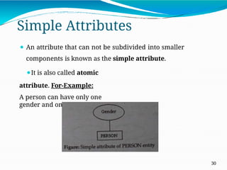 Simple Attributes
⚫ An attribute that can not be subdivided into smaller
components is known as the simple attribute.
⚫It is also called atomic
attribute. For-Example:
A person can have only one
gender and one date of birth.
30
 